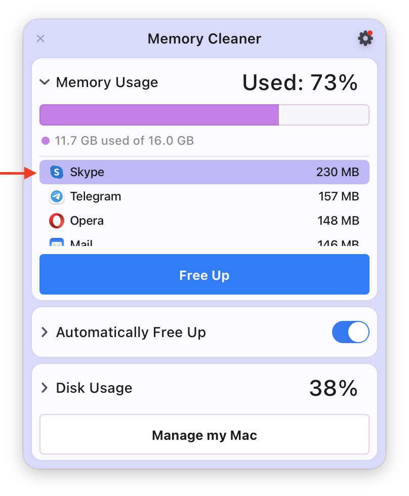 Memory Cleaner showing high memory usage of Skype