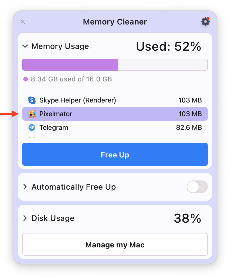 Memory Cleaner showing high memory usage of pixelmator