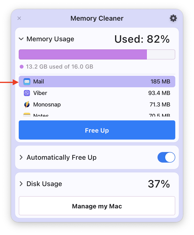 Memory Cleaner showing high memory usage of Mail