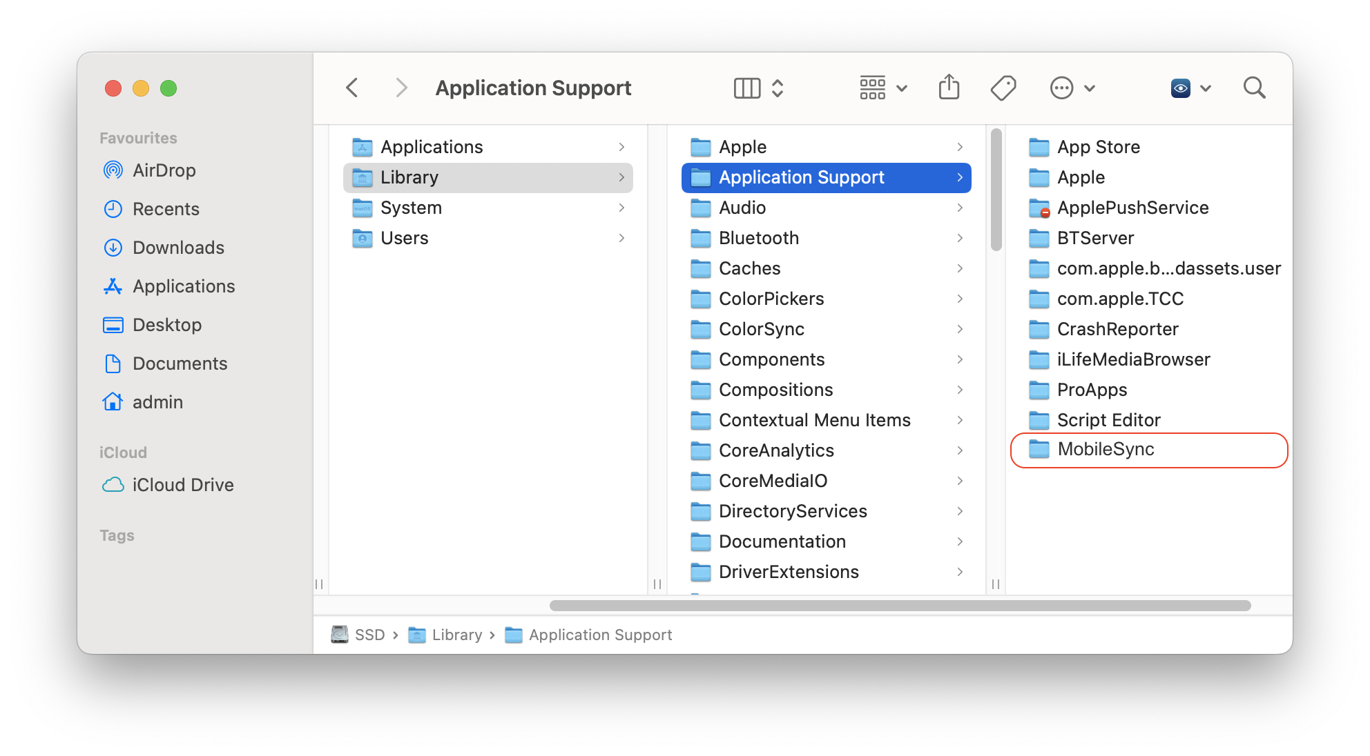 Finder window showing MobileSync Application Support folder