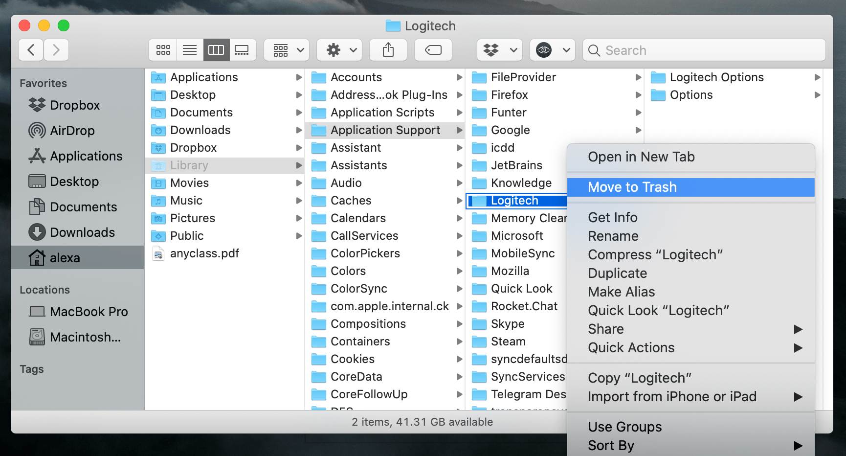 Moving Logitech Application Support folder to Trash in Finder