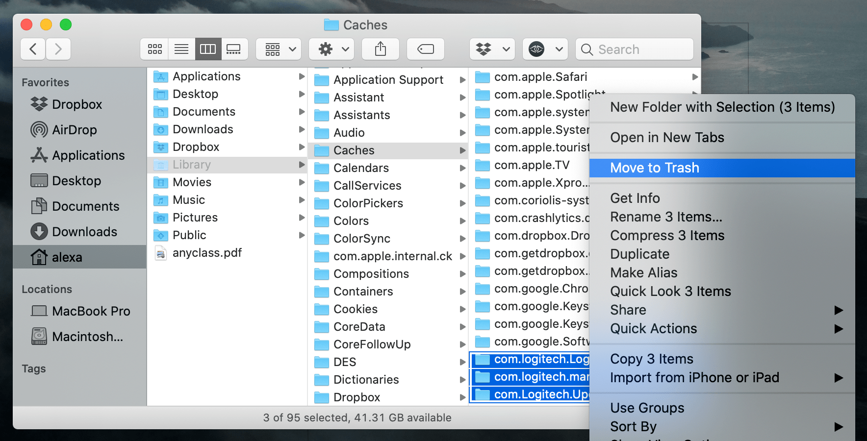 Moving Logitech Caches folder to Trash in Finder