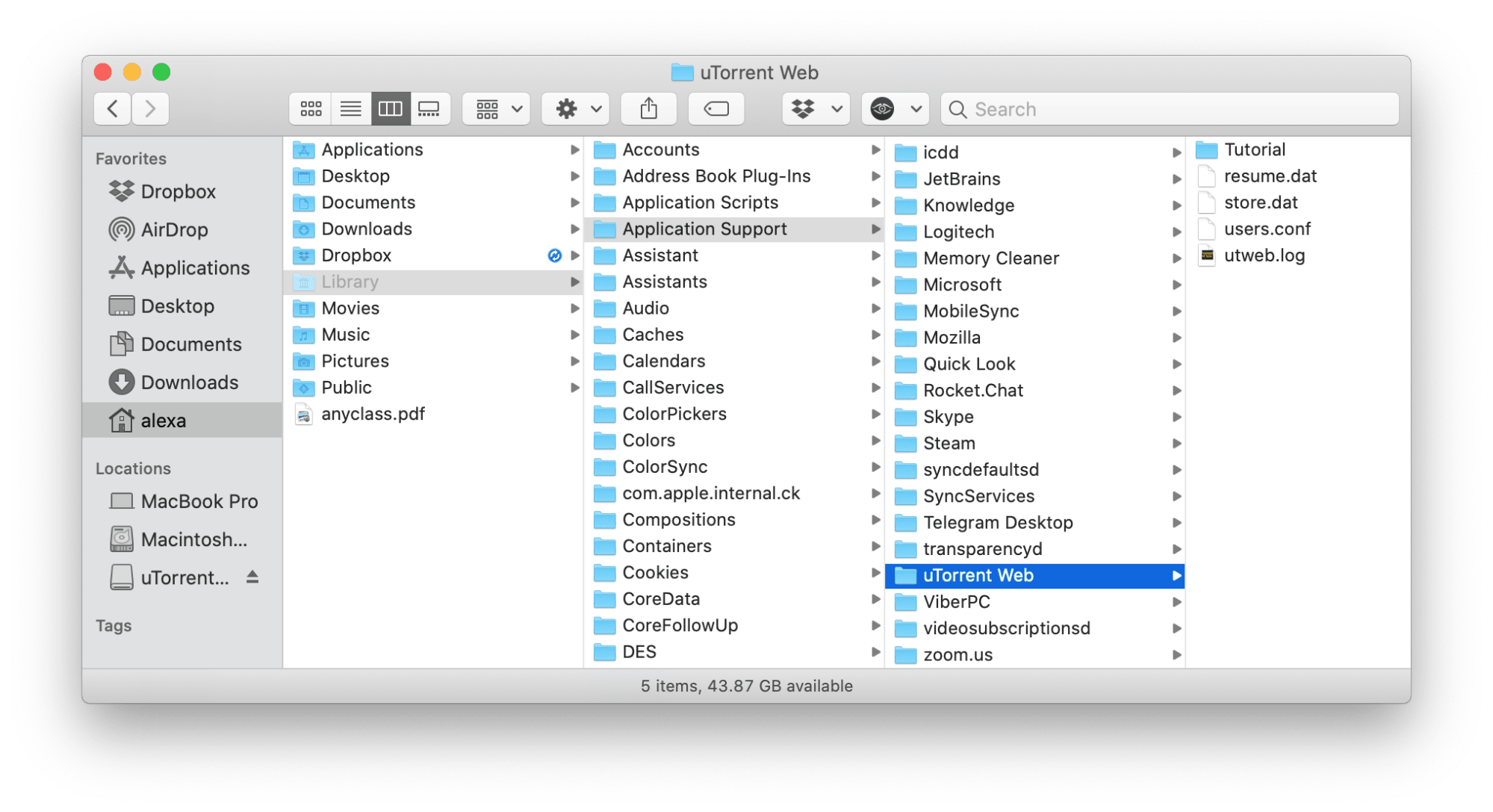 Finder window showing uTorrent Application Support folder