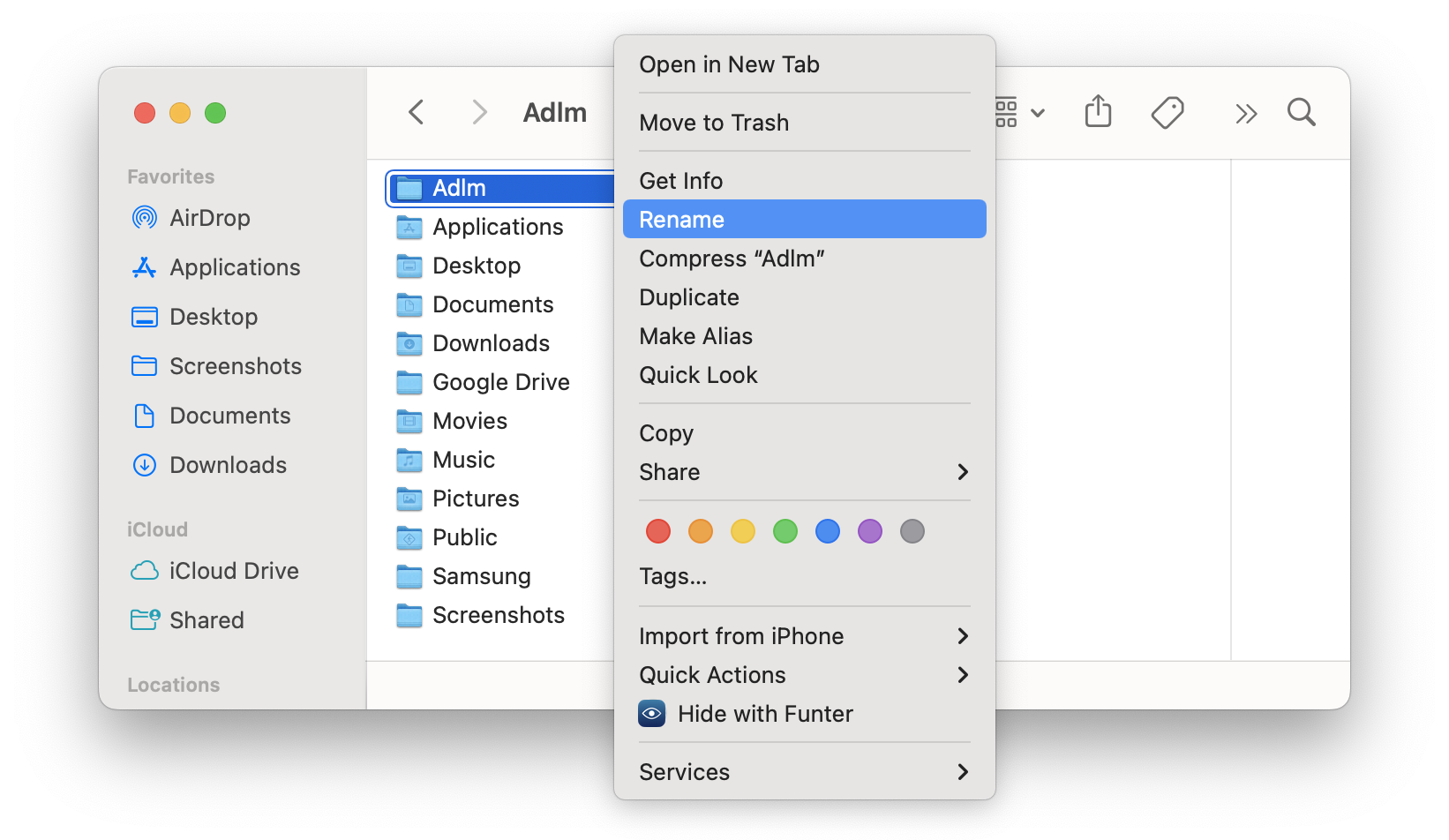 Finder window - Rename command in context menu