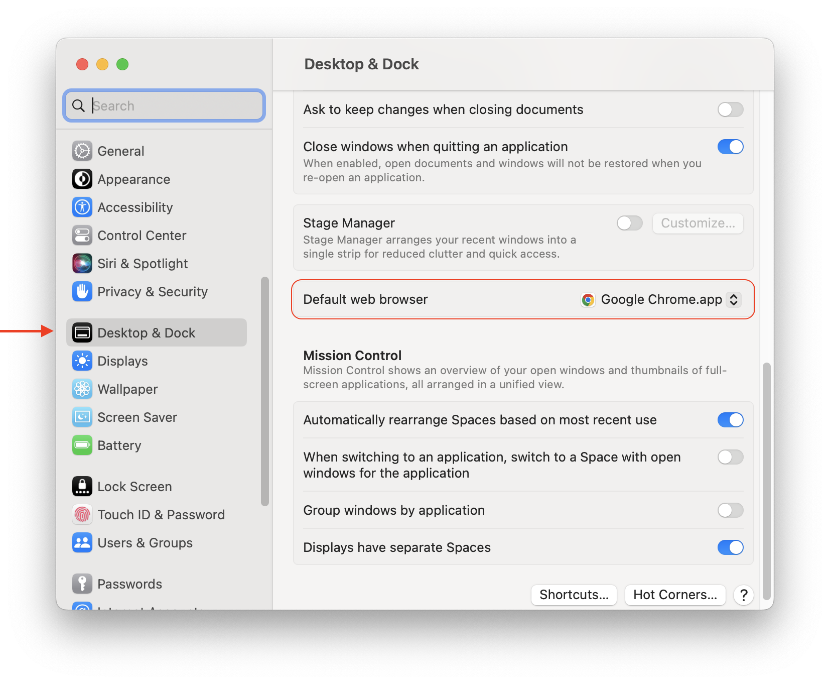 System settings showing default browser