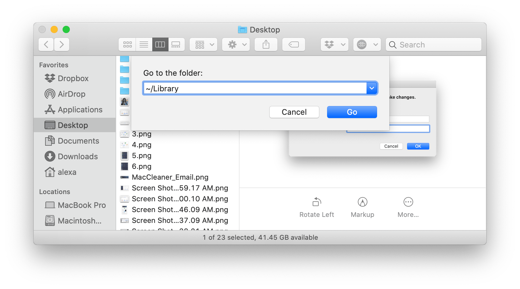 Searching for Library folder using Search field in Finder
