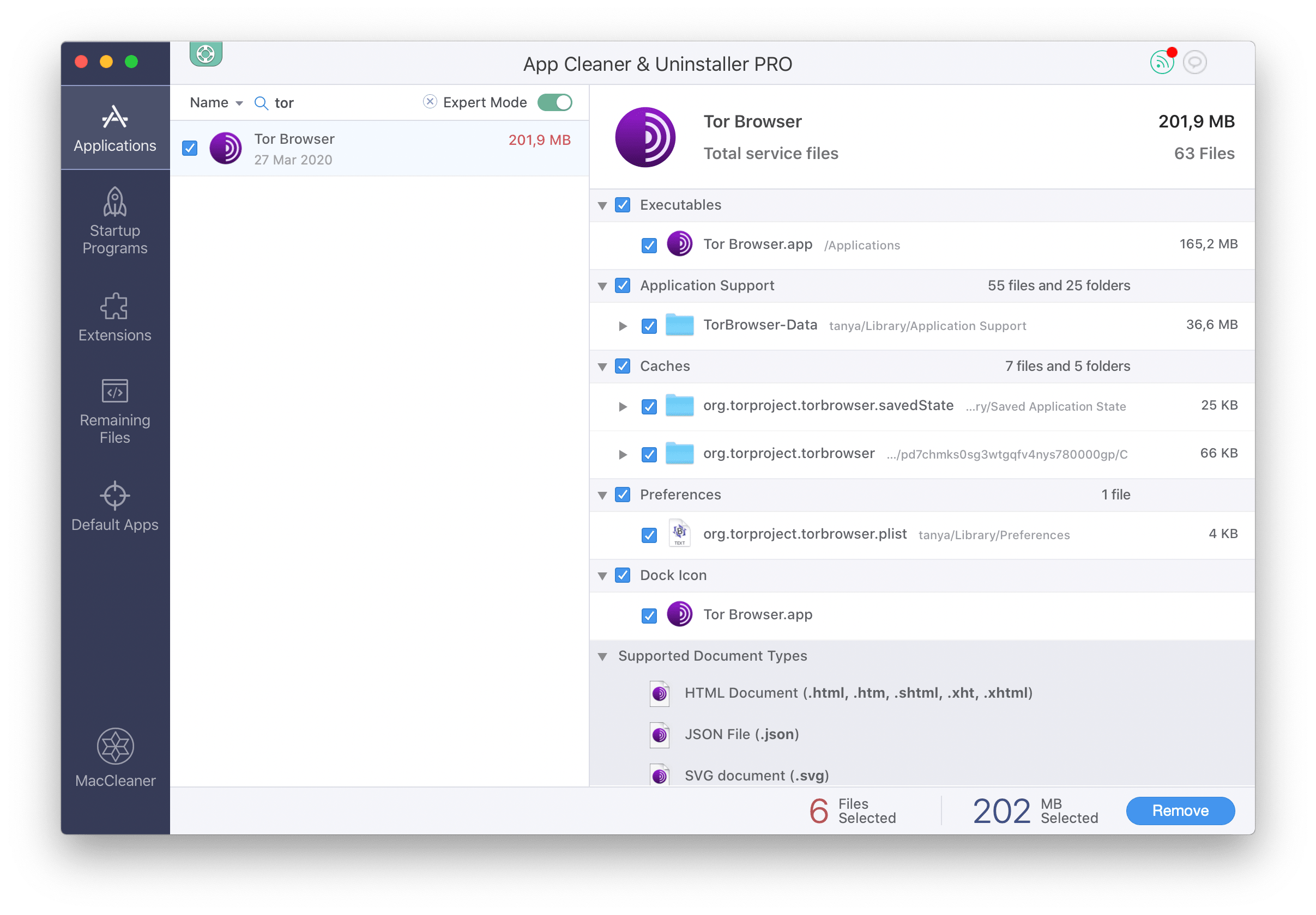Tor webový prohlížeč vybrané pro odstranění v Aplikaci Čistší Uninstaller