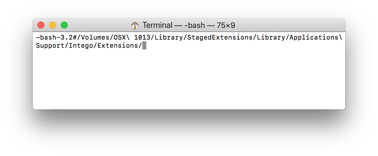 Terminal window with command for kernel extensions removal