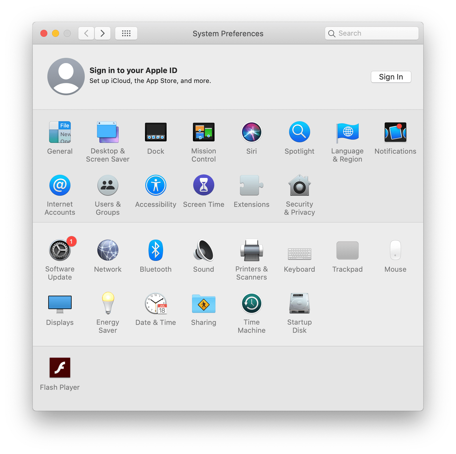 System preferences window in macOS Catalina