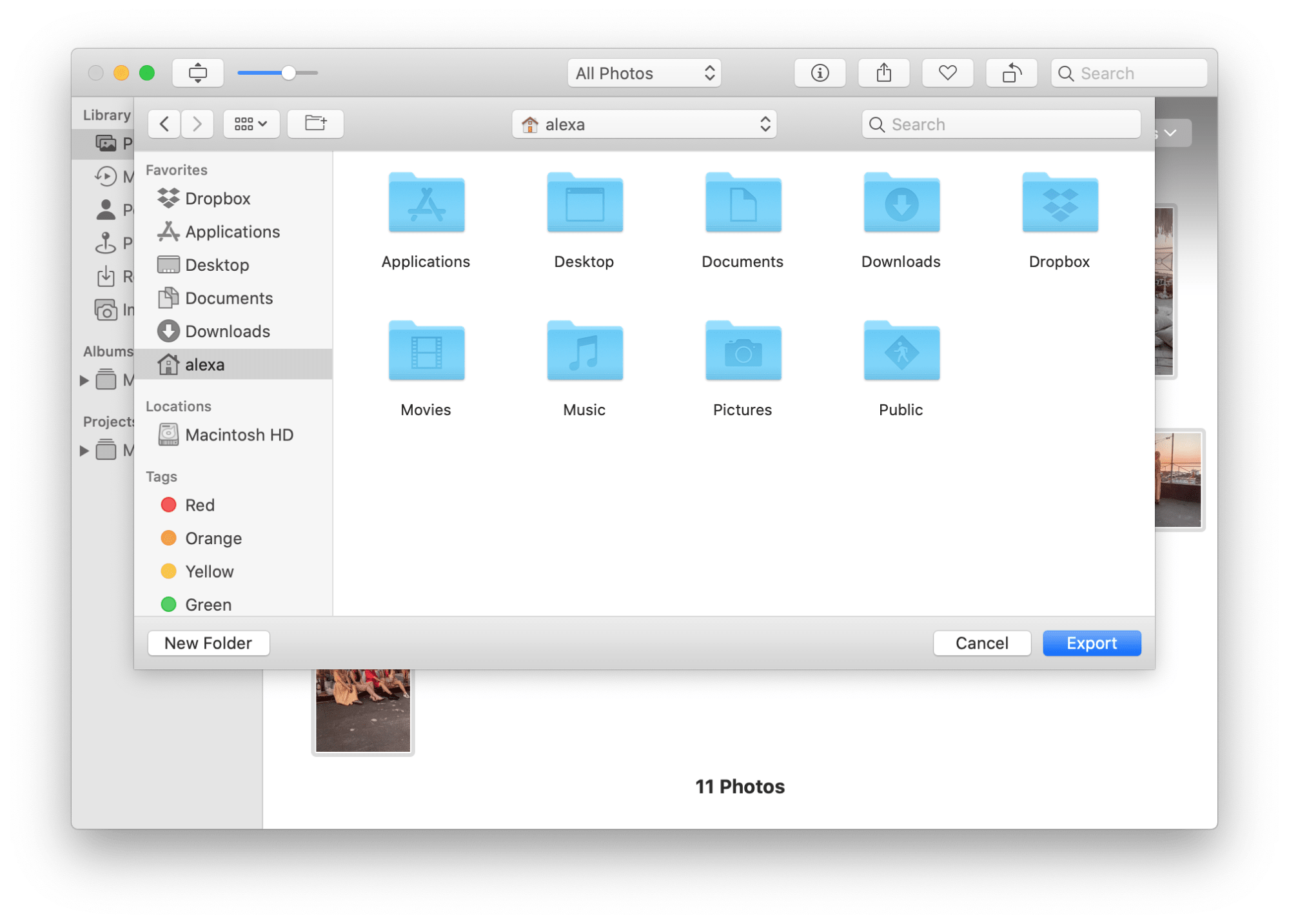 select folder to export photos