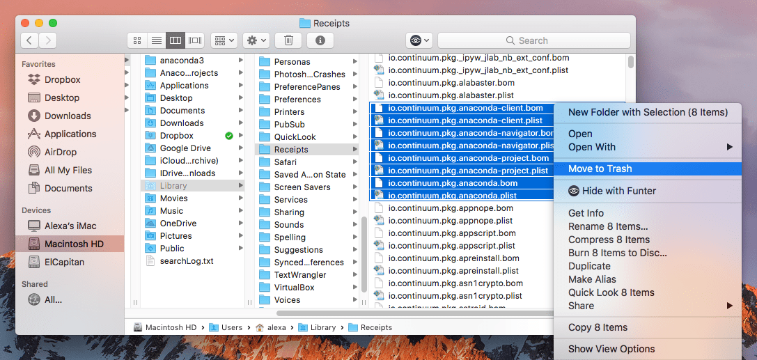 Finder window showing Move to Trash command selected for Anaconda service files