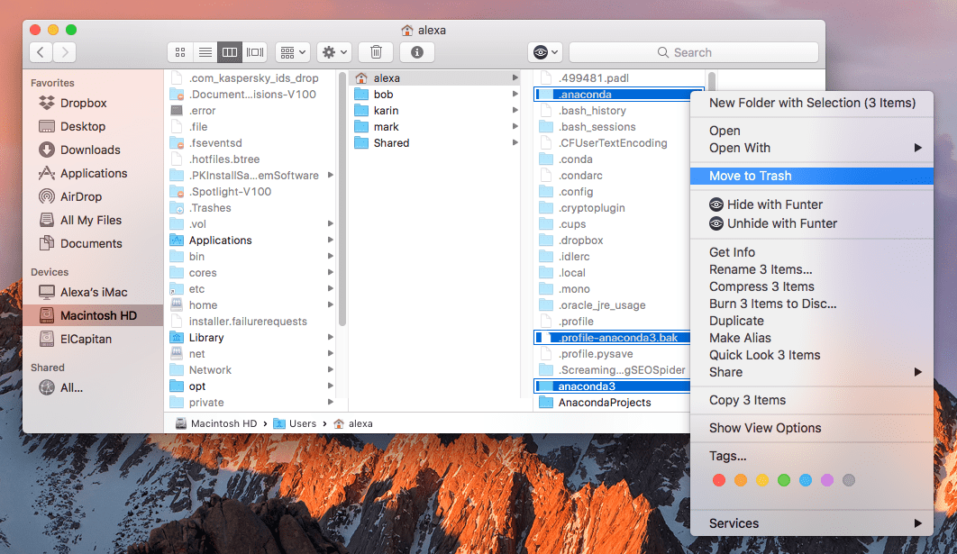 Choosing Move to Trash command for Anaconda files in Finder