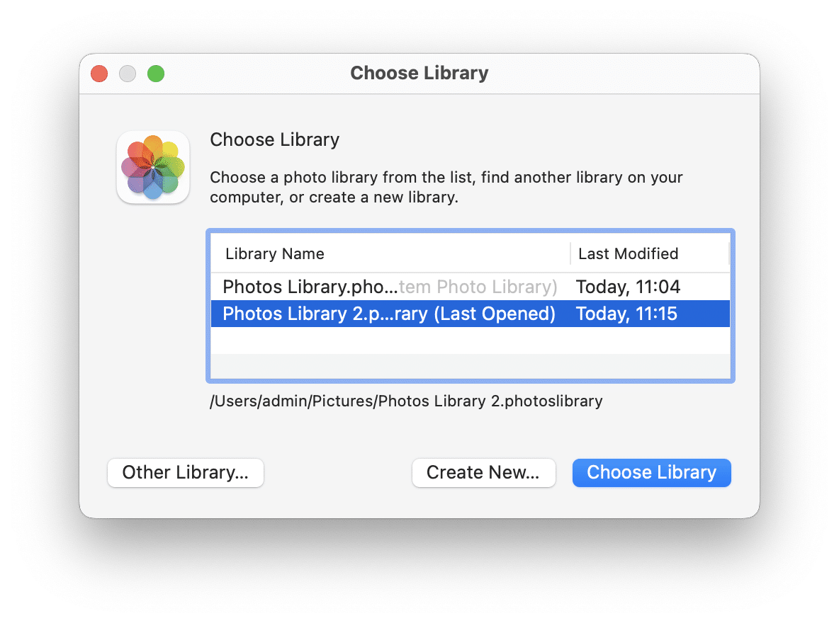 Choosing library window with two photos libraries