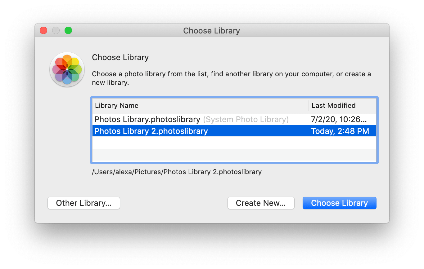choose library window with two photos libraries