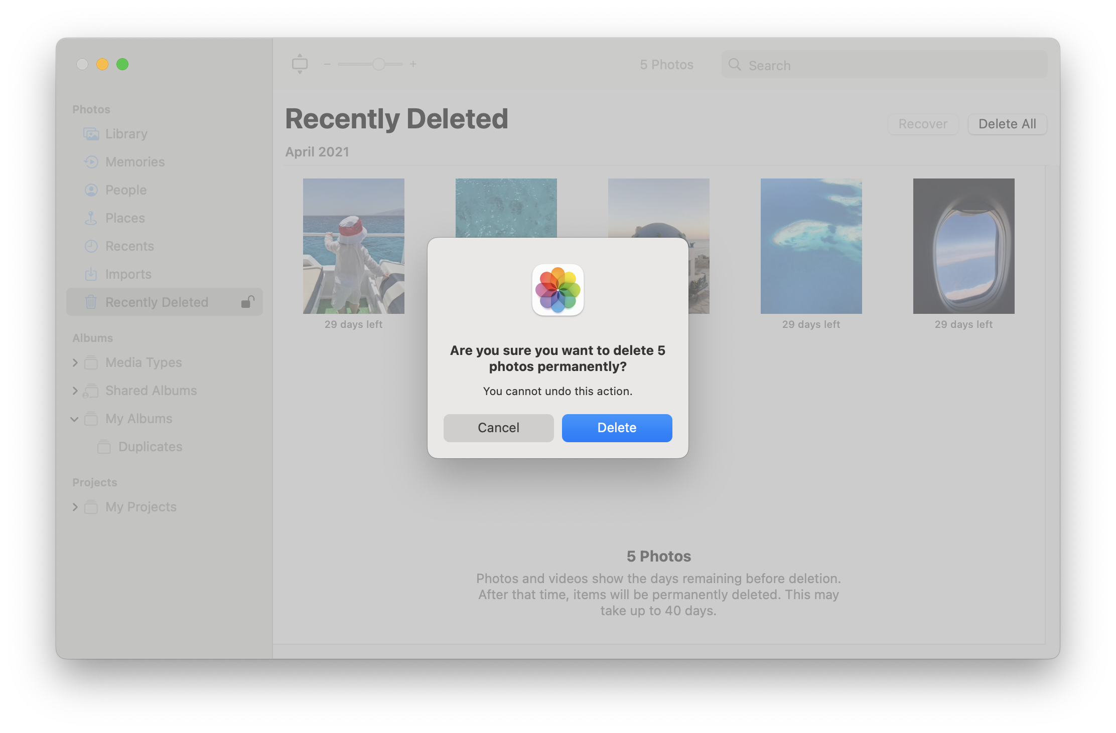 Confirmation message to permanently delete duplicate photos