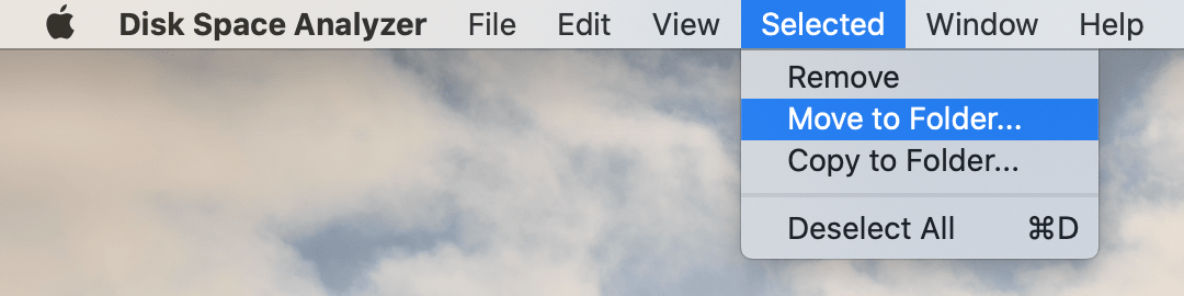 using menu bar to move folder using disk space analyzer
