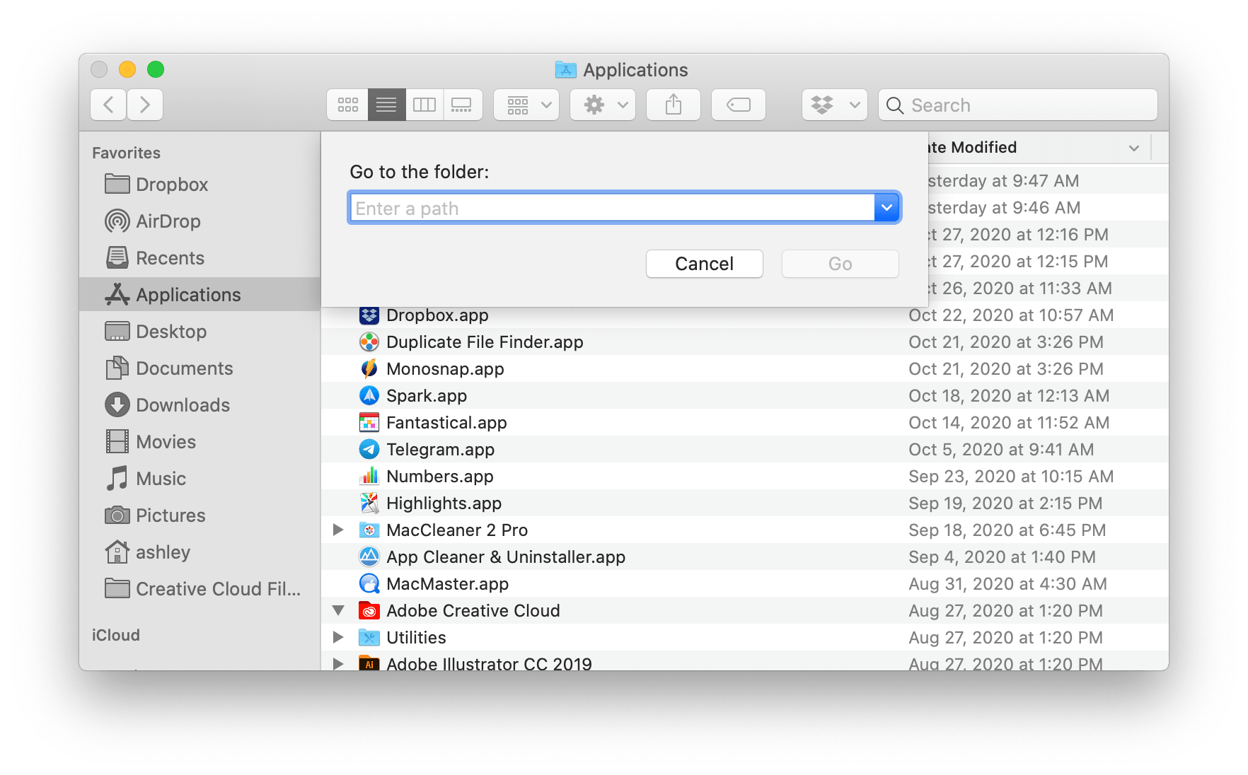 Finder window showing Go to folder search line
