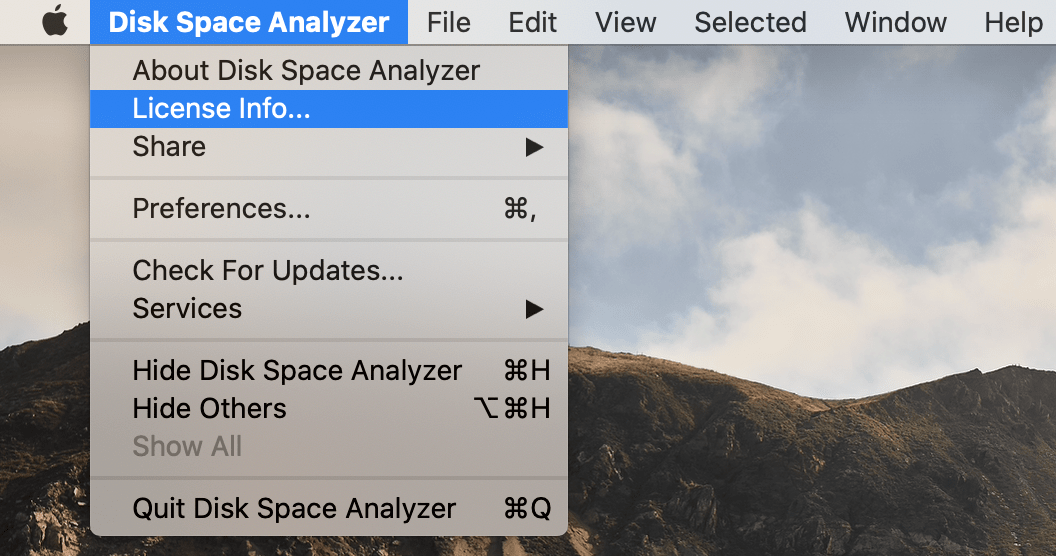disk space analyzer menu showing license info option