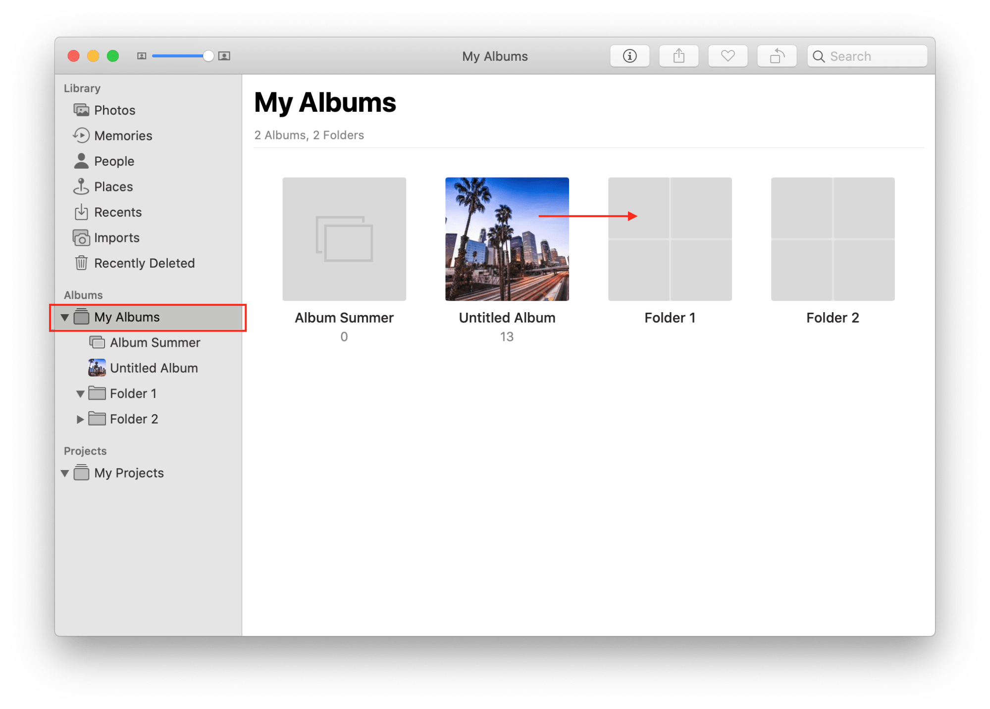 Photos app showing how to add albums to folders
