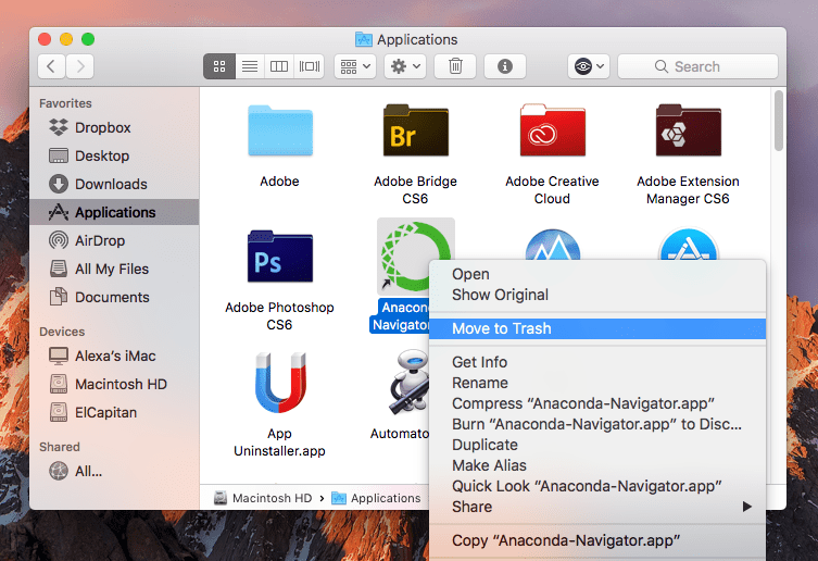 Choosing Move to Trash command for Anaconda in Finder window