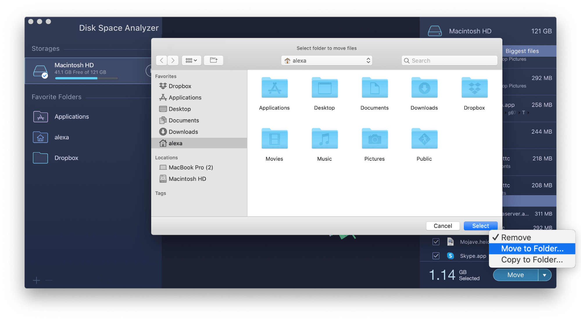 removing or moving big files with Disk Space Analyzer
