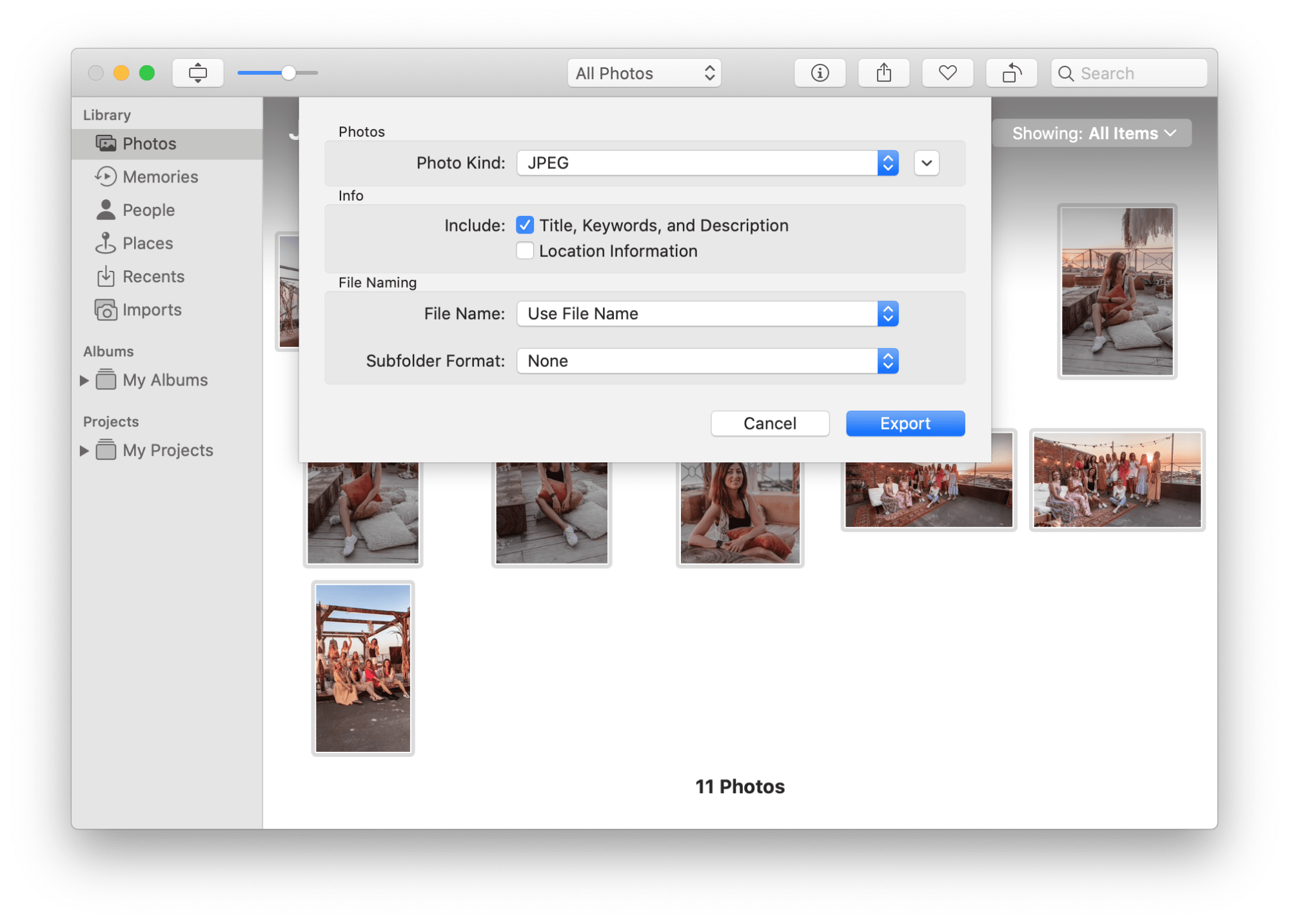 photos setting for export option