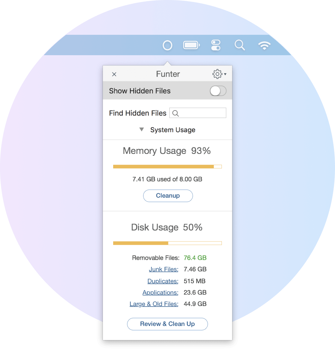 Funter window showing memory and disk usage on Mac