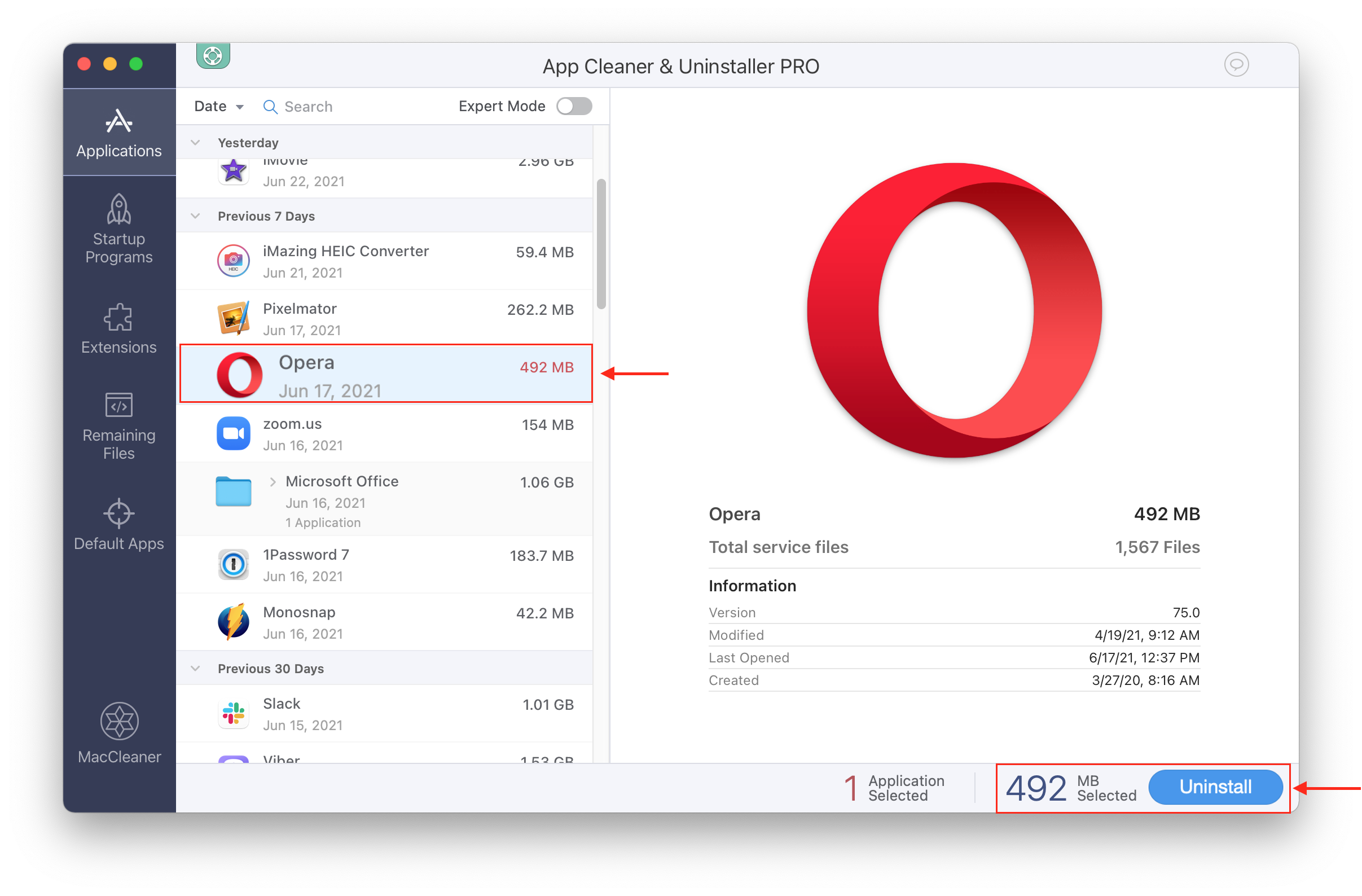 Opera selected for complete removal with App Cleaner & Uninstaller