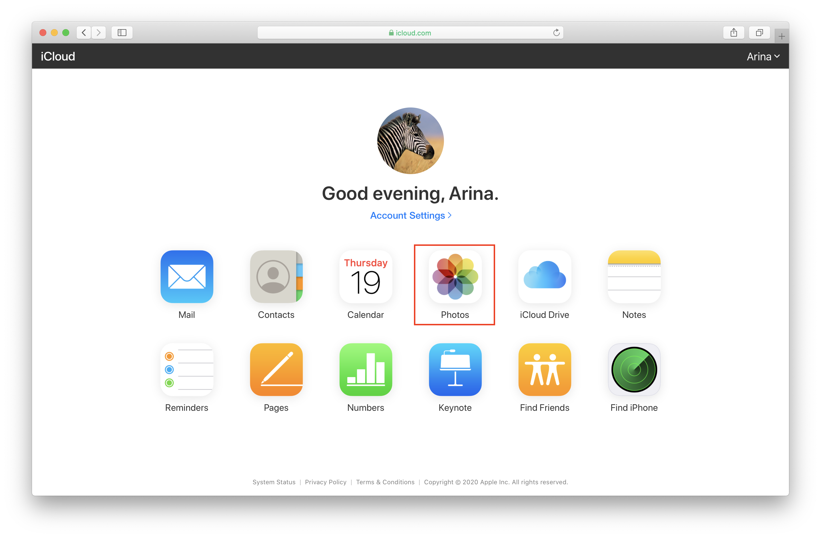 iCloud page in web browser