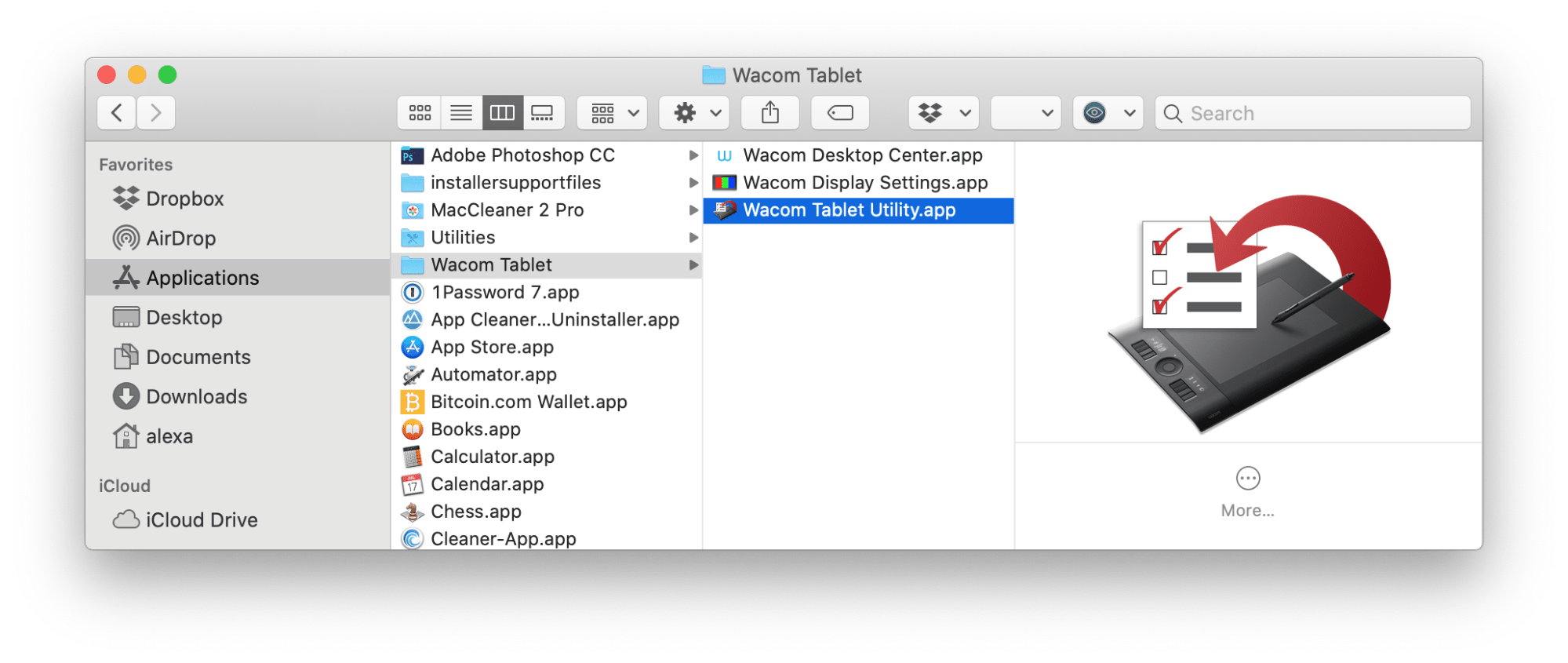 Finder window - Applications folder - Wacom tablet utility
