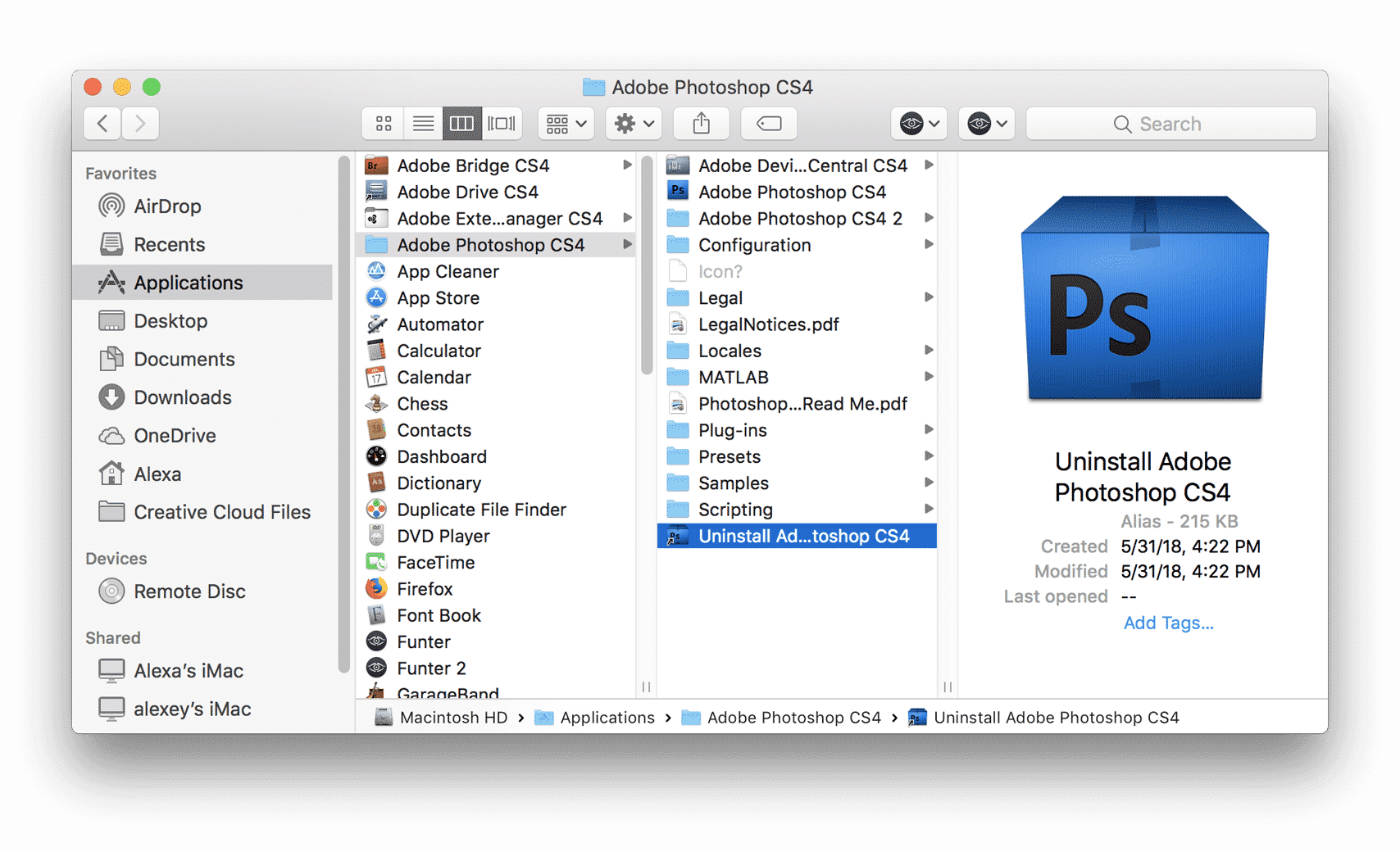 Applications folder showing the uninstaller files for Adobe Photoshop