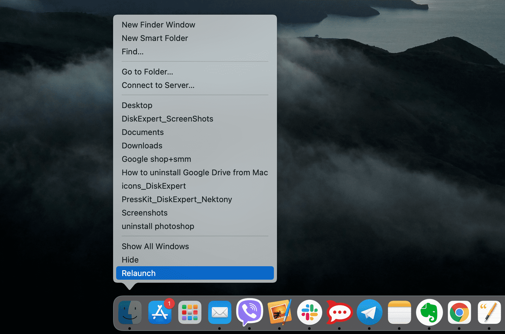 Relaunch Finder command for the icon in the Dock panel