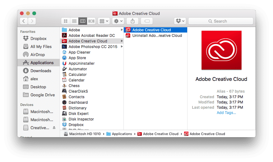 Applications folder showing the Adobe Creative Cloud