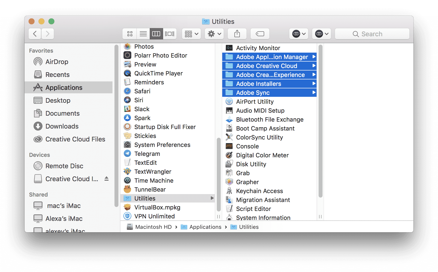 Utilities folder showing the Adobe files