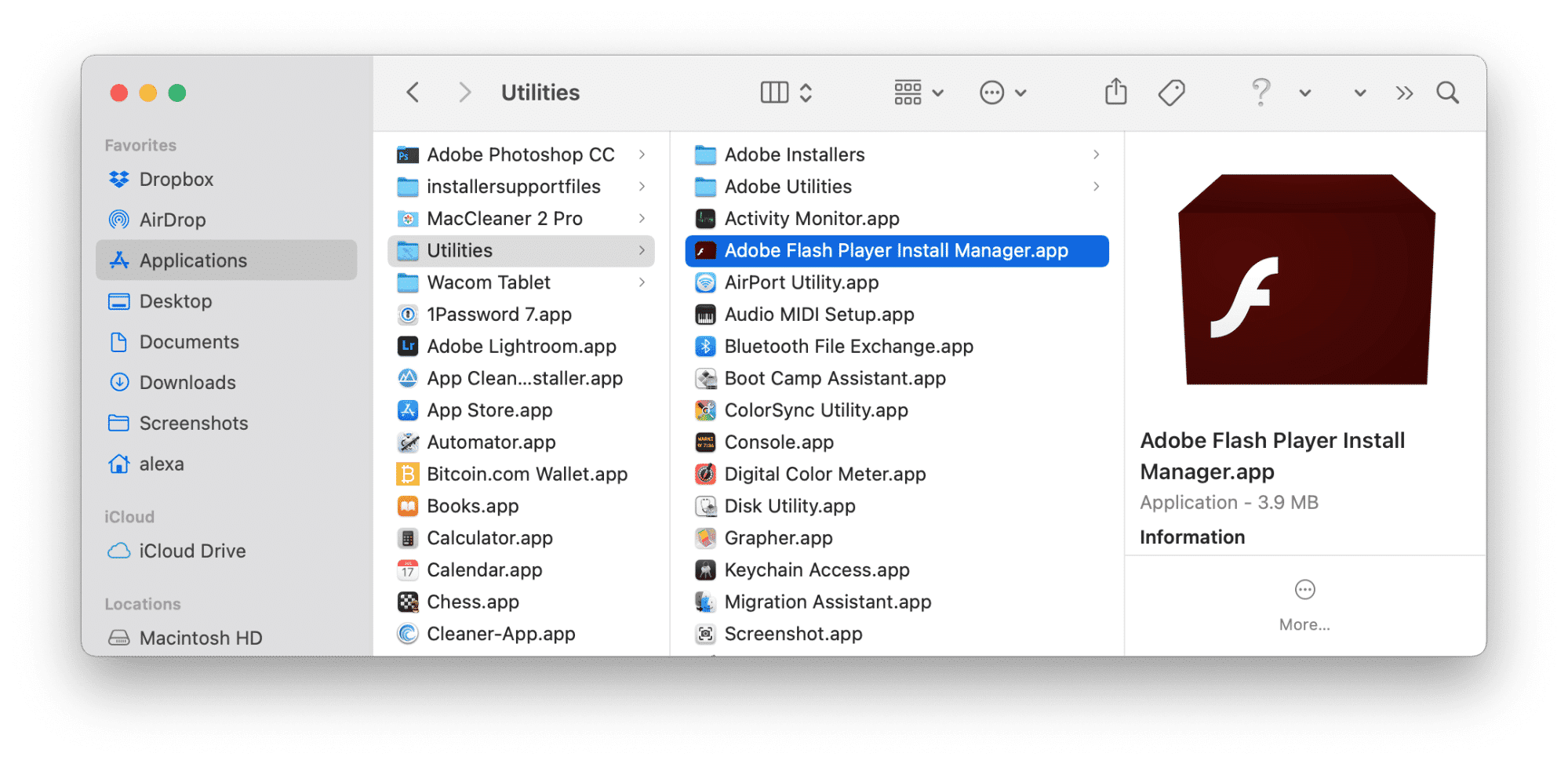 Applications folder showing the Flash Player Install manager