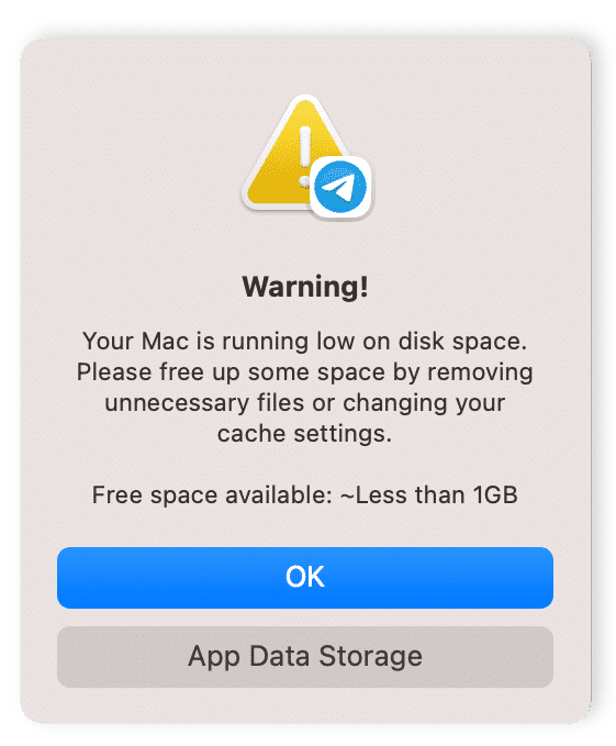 warning message Mac is running low on disk space