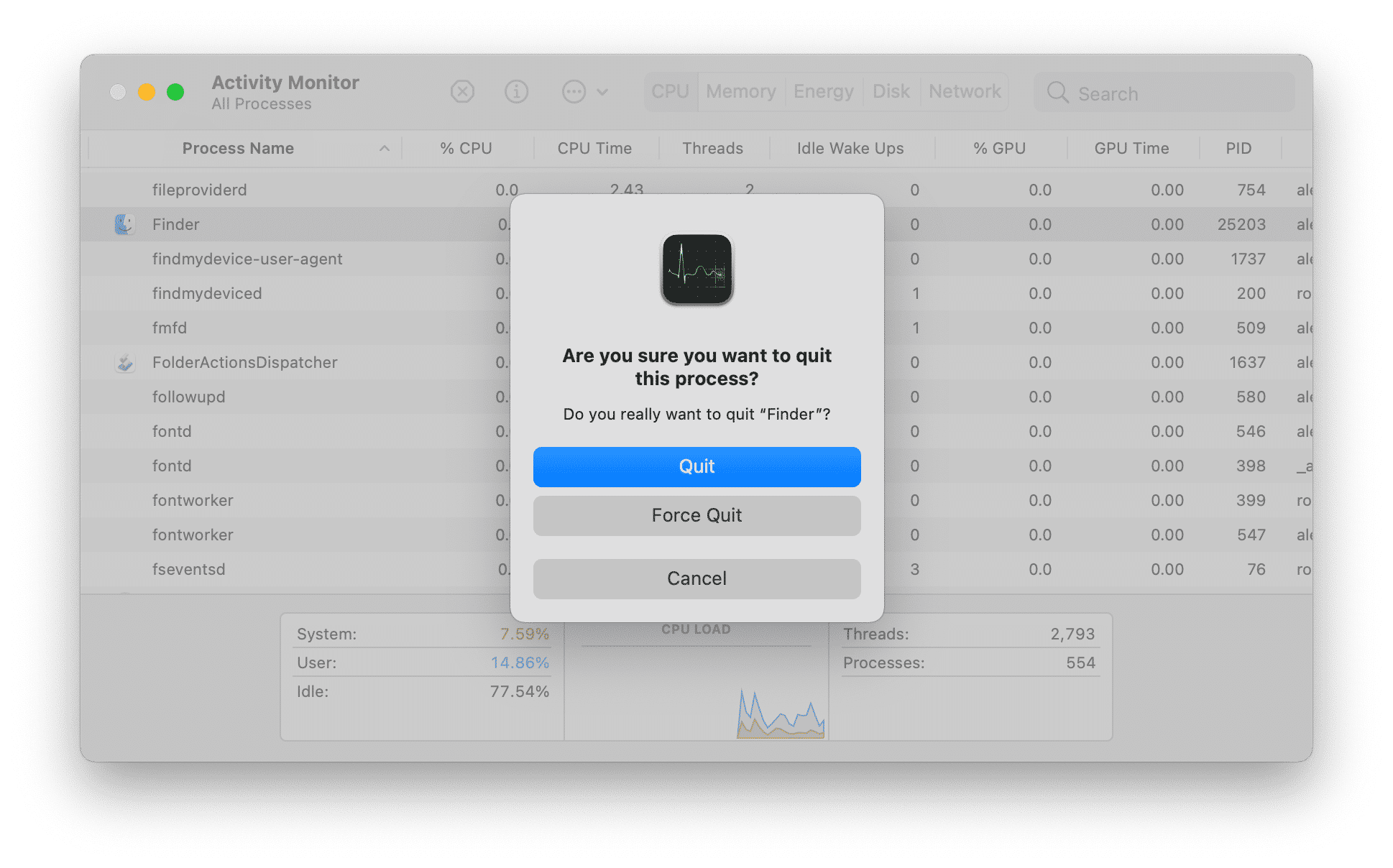 Activity Monitor window with popup message asking to quit Finder