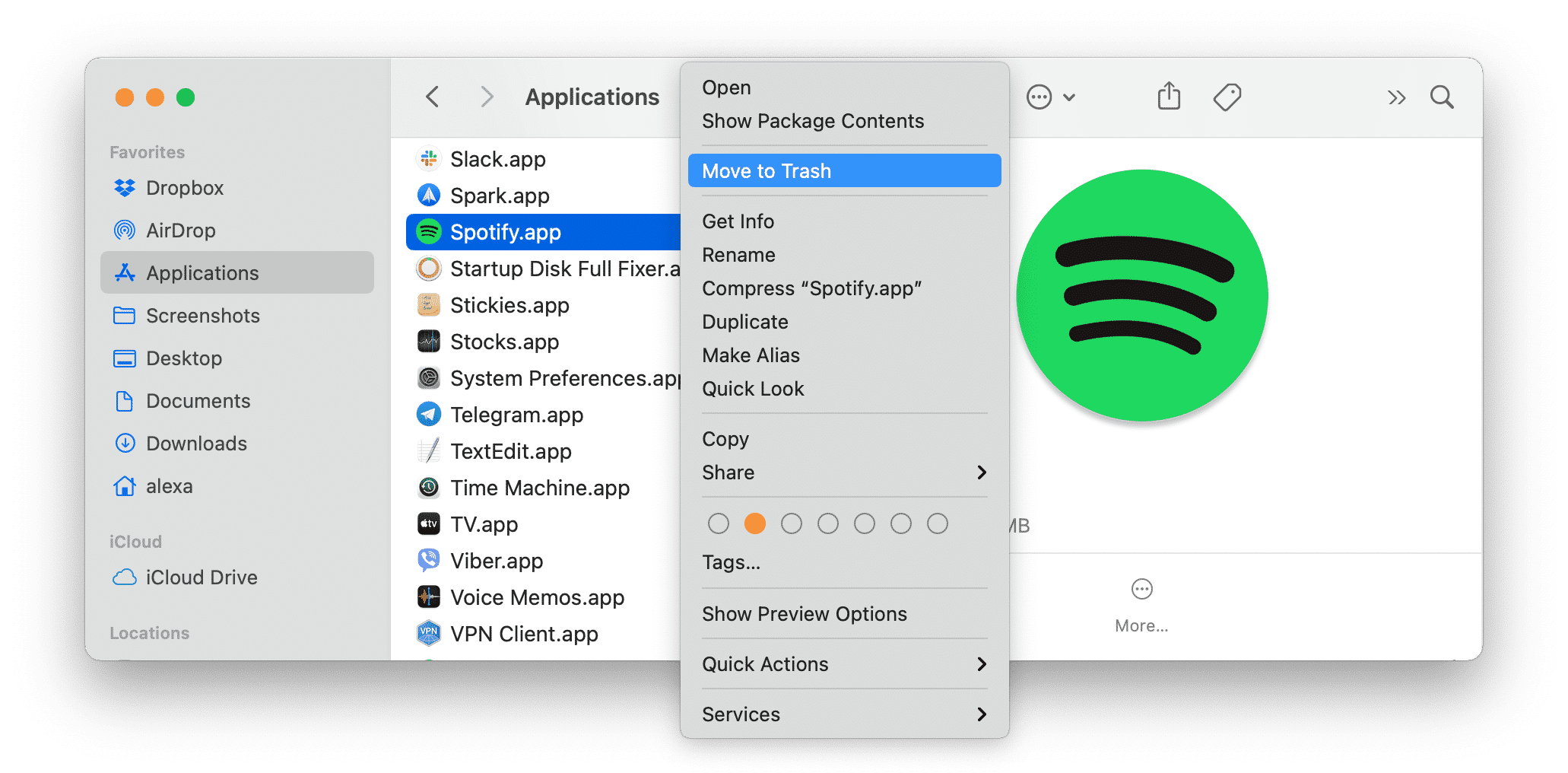 Spotify in the Applications folder with the context menu