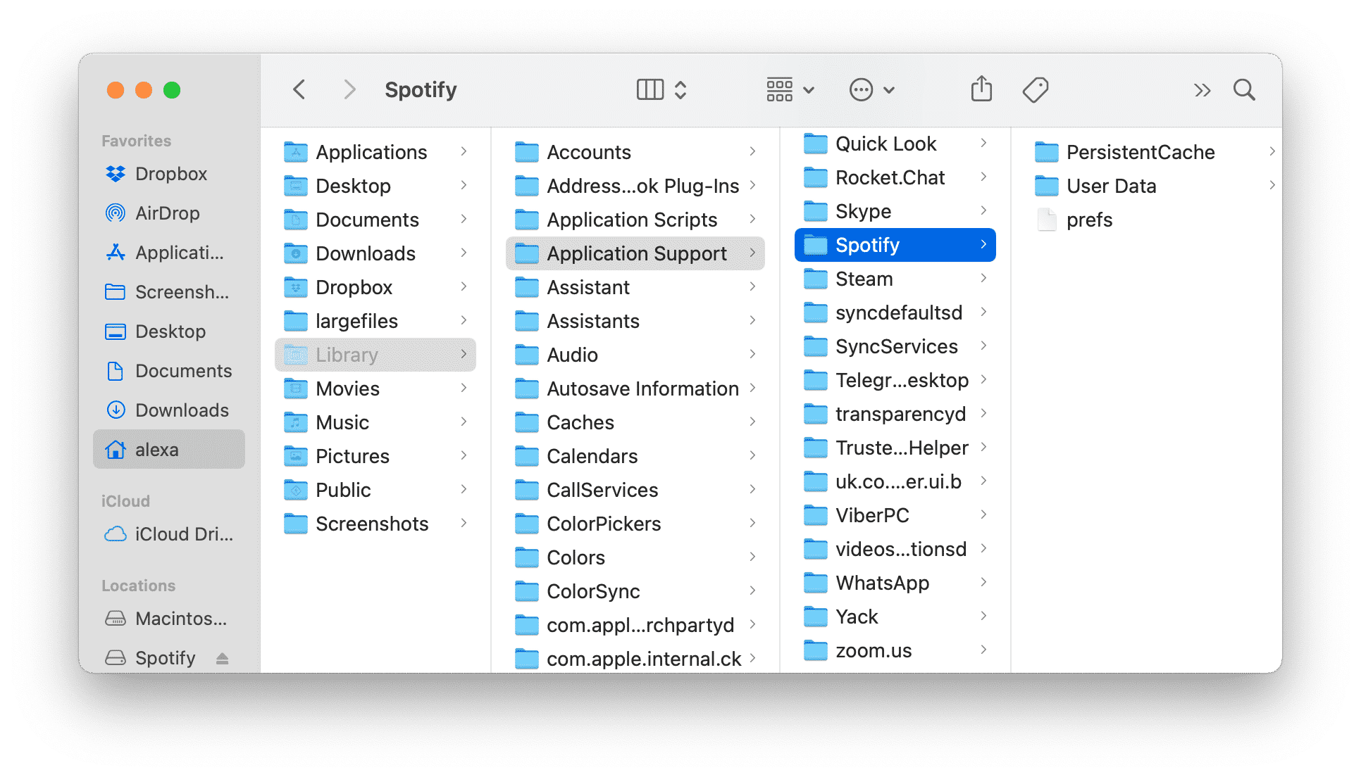 Spotify support files in the Library folder