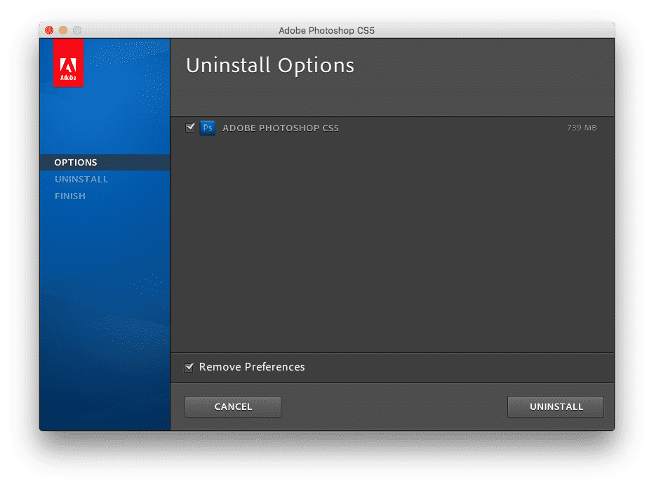 Uninstall options window for Adobe Photoshop CS5