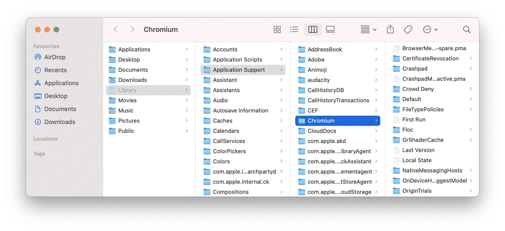 Finder window showing Chromium Application Support folder
