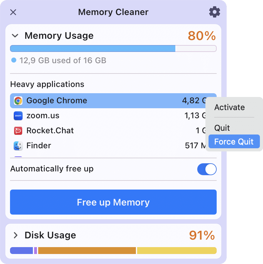 Memory Cleaner window showing the command to force quit Finder