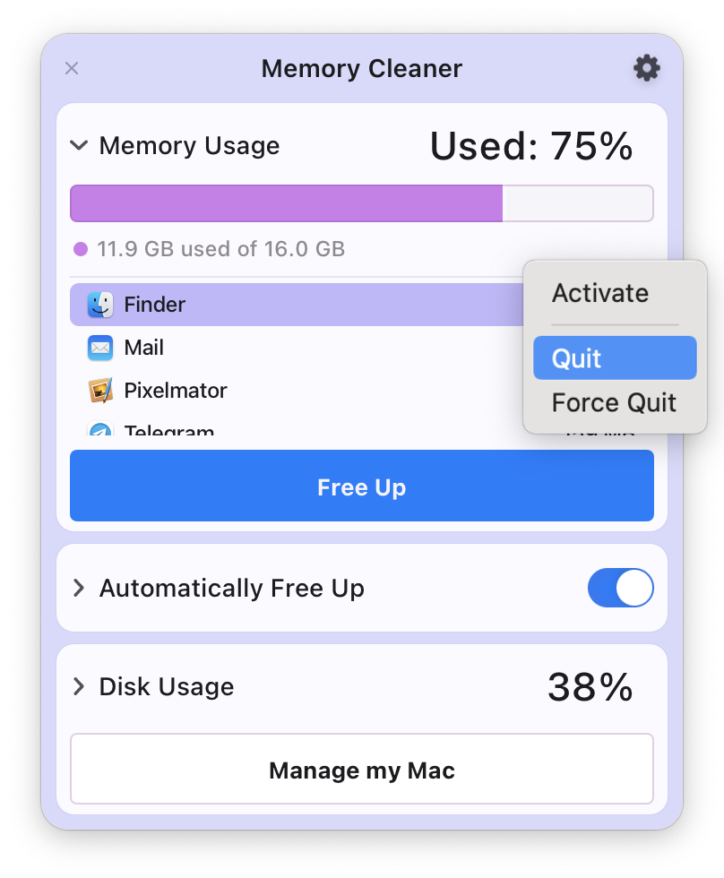 Memory Cleaner window showing the command to force quit Finder