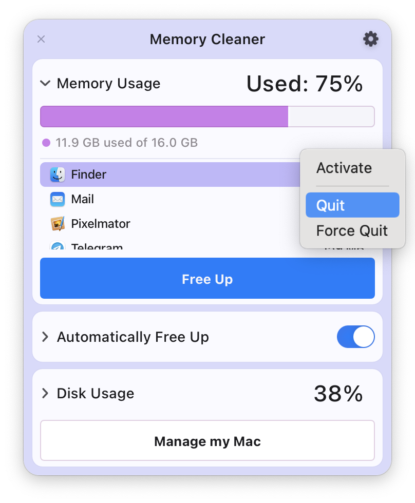 Cleaning unused RAM with Memory Cleaner