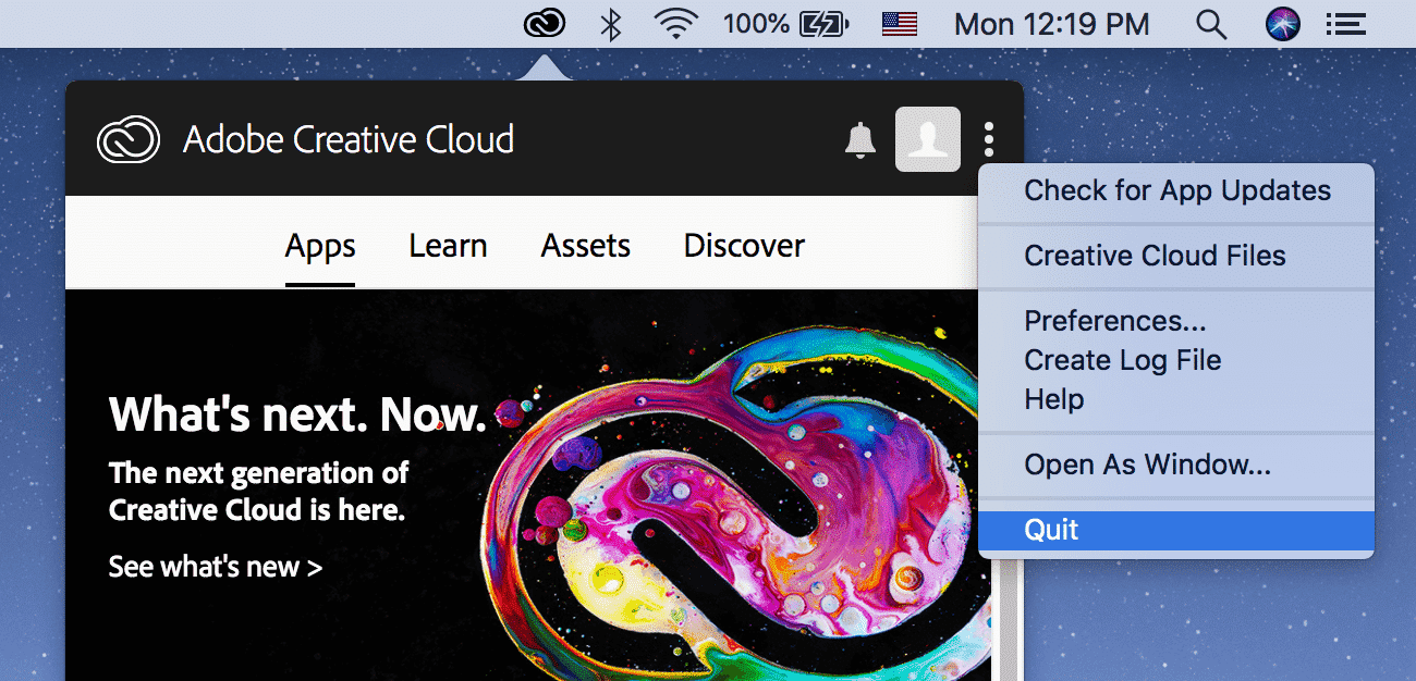 Quit option in Creative Cloud