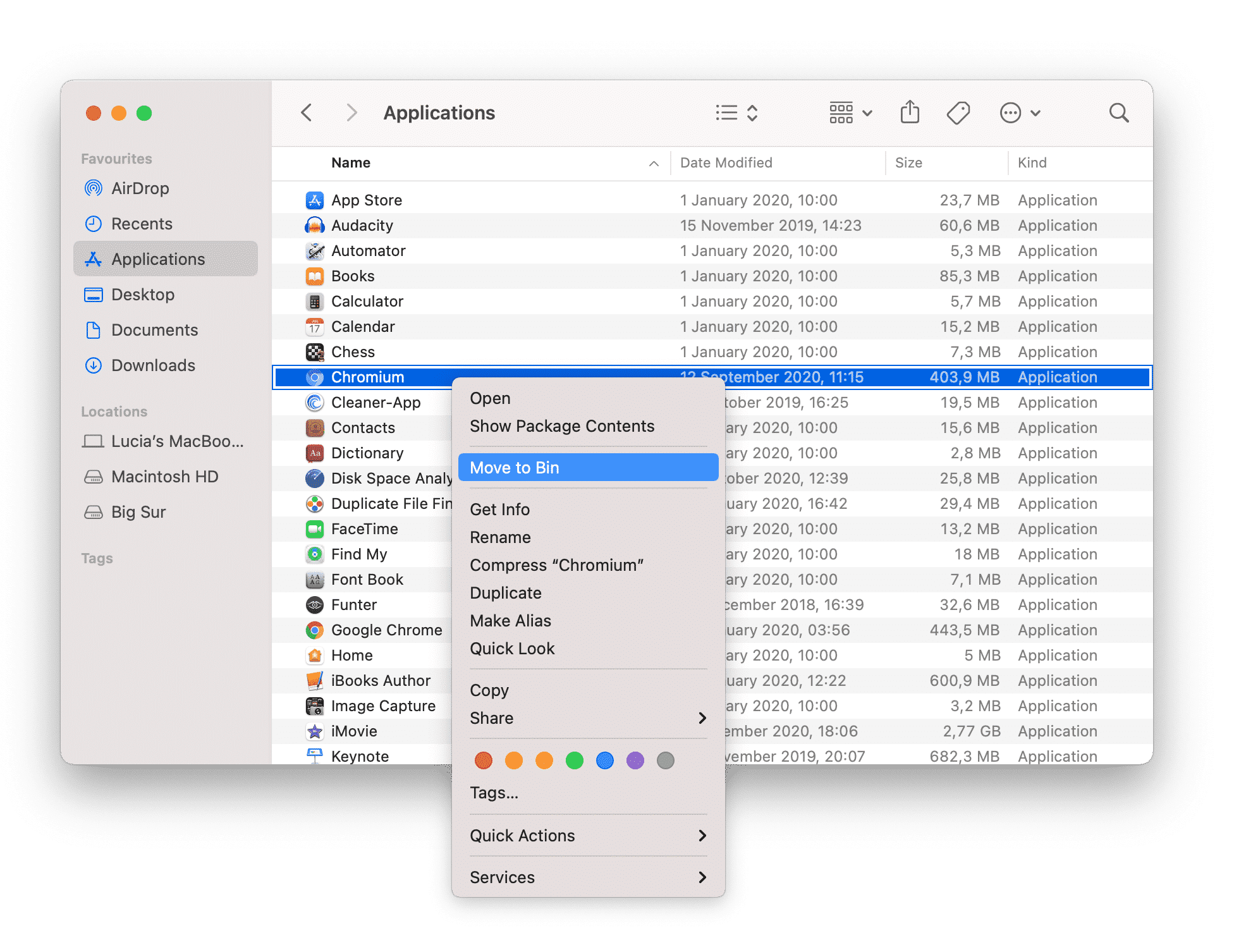Choosing Move to Bin context menu command for Chromium in Finder