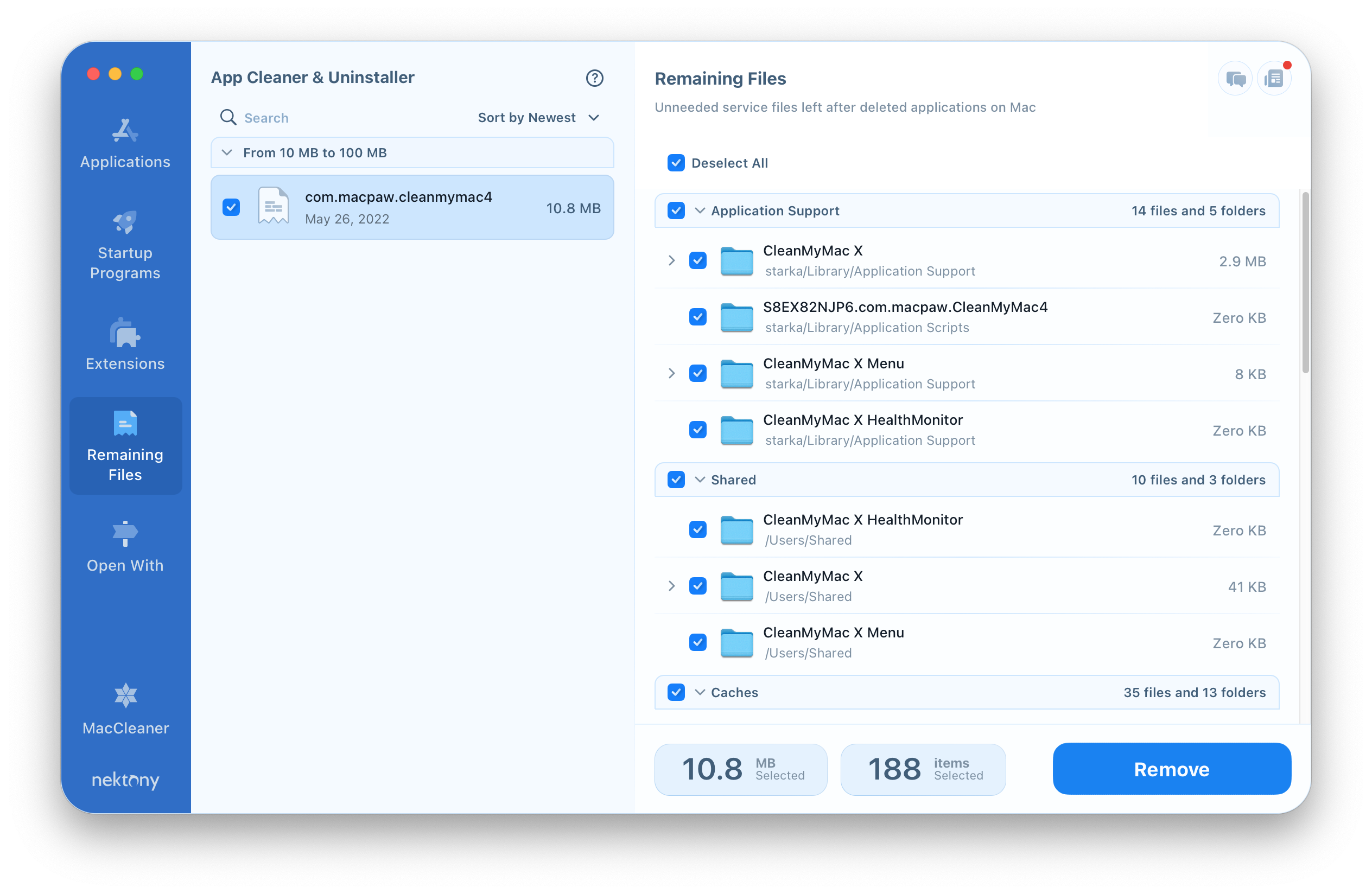 App Cleaner - Remaining files tab - cleanmymac leftovers