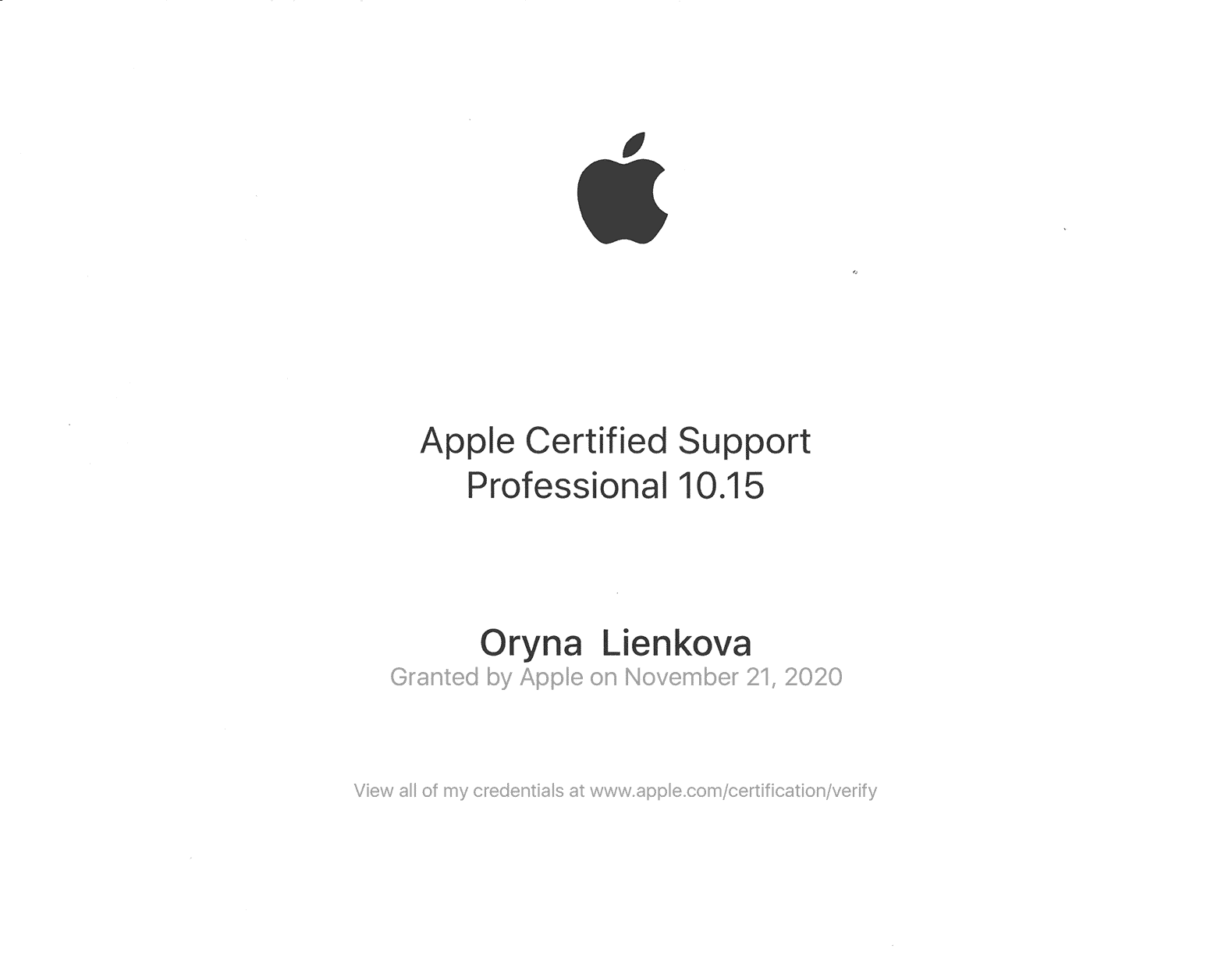 Apple certificate Oryna Lienkova
