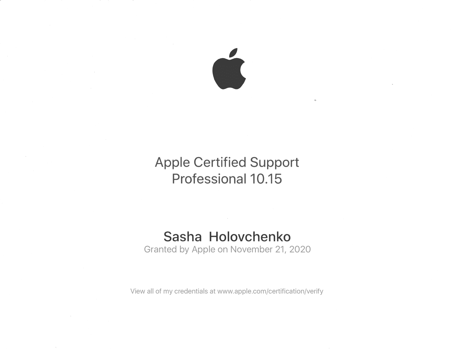 Apple certificate Sasha Holovchenko