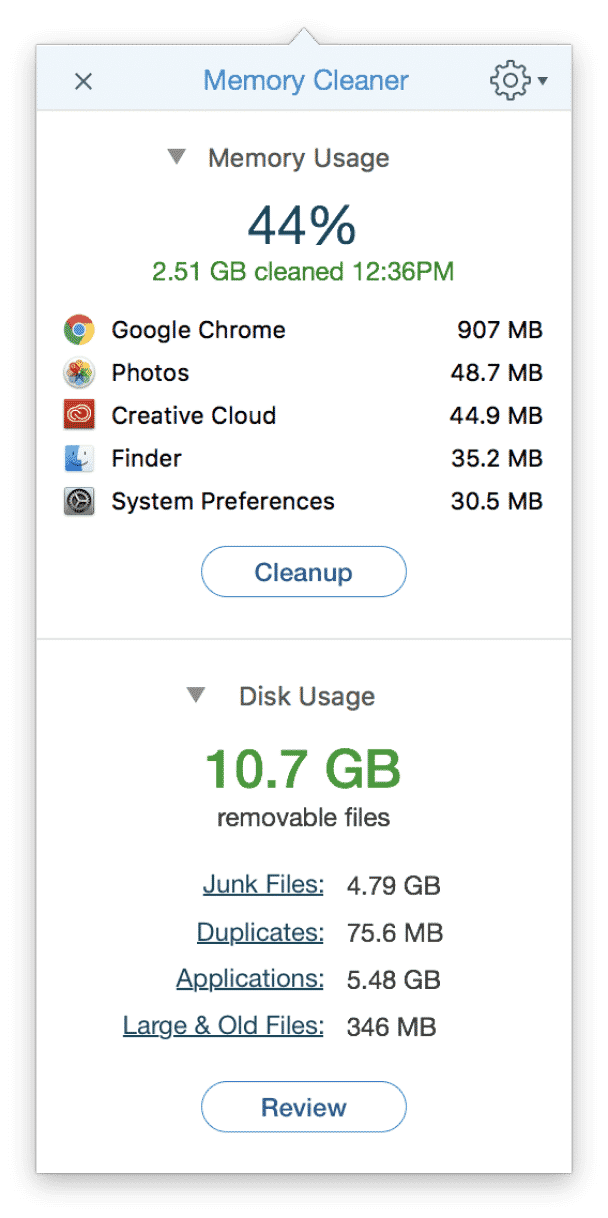 Memory Cleaner showing disk usage on Mac
